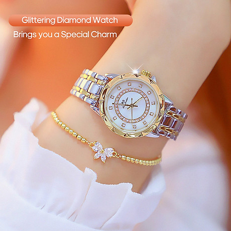 Women fashion watch metal case band analog wrist watch glittering diamond quartz watch 2