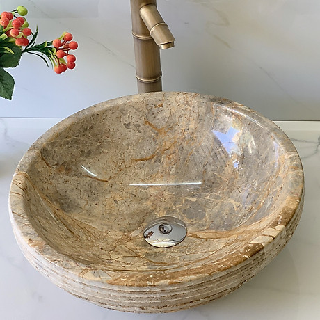 Chậu rửa mặt lavabo đá tự nhiên - Lavabo tròn dày bóc lồi - Vàng TH VBL29 | Lavabo | WebGiaKho.Com
