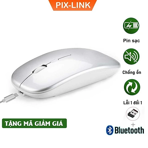 Chuột Bluetooth Không Dây PIX-LINK P90A Wireless USB Tự Sạc Pin Siêu Mỏng, Chống Ồn - Hàng Chính Hãng - M90-Bạc
