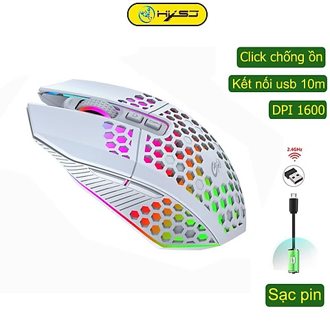 Chuột không dây chơi game HXSJ X801 thiết kế độc lạ Led RGB đổi màu click chống ồn DPI 1600 - Hàng chính hãng - Trắng led đổi màu
