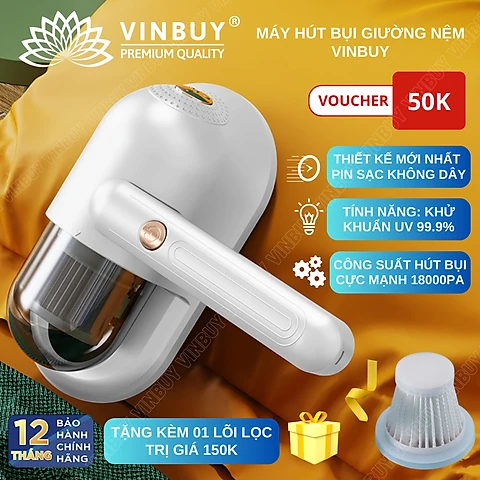 Máy hút bụi giường nệm không dây VinBuy cầm tay hiện đại diệt khuẩn đa tầng, đèn UV, lực hút mạnh 18000PA - Hàng chính hãng - trắng