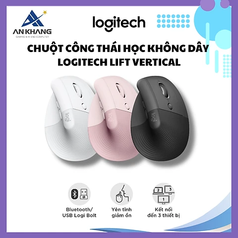 Chuột công thái học không dây Logitech Lift Vertical - BluetoothUSB Logi Bolt, Silent giảm ồn, 4 nút tùy chỉnh, tương thích với WindowsmacOSiPadPC - Hàng chính hãng - trắng