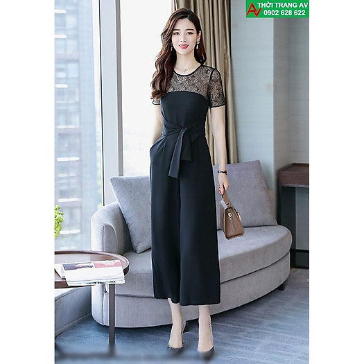 Jumpsuit - Đồ bay lửng ống rộng phối ren thắt nơ eo - AV5947