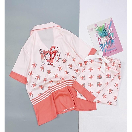 BỘ PIJAMA SATIN LỤA CAO CẤP TAY NGẮN HỒNG L.V