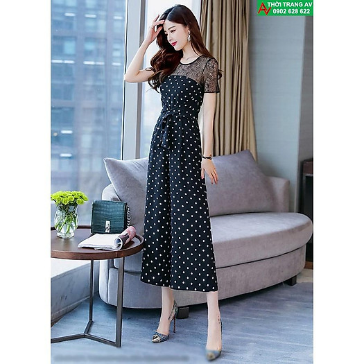 Jumpsuit - Đồ bay lửng ống rộng phối ren thắt nơ eo - AV5947