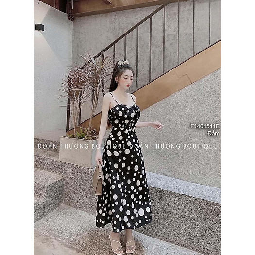 Đầm maxi chấm bi dáng xòe phối nơ ngực 2 dây!