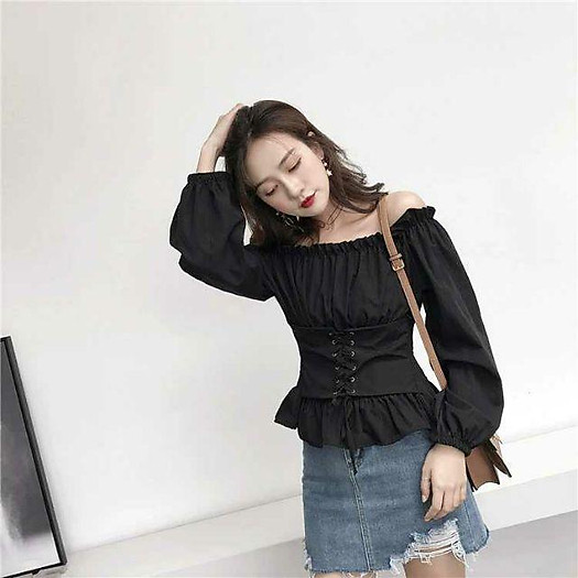 Áo trễ vai đan dây buộc dây eo dài tay