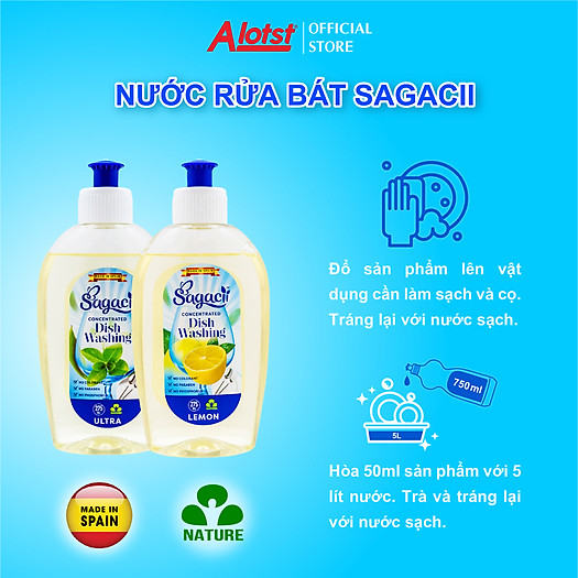 Nước rửa bát đậm đặc Sagacii, không chất tạo màu, không Paraben, không Phốt pho, an toàn khi sử dụng và thân thiện với môi trường