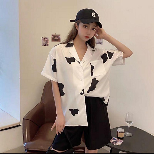 Áo Sơ Mi Bò Sữa Unisex, Sơ mi Cổ Vest Họa Tiết Bò Sữa