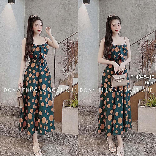 Đầm maxi chấm bi dáng xòe phối nơ ngực 2 dây!