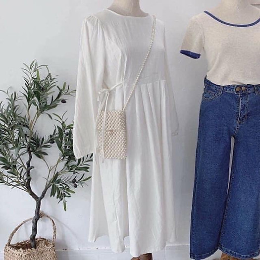 Đầm - váy buộc nơ eo nhiều màu ( đen, be, trắng)