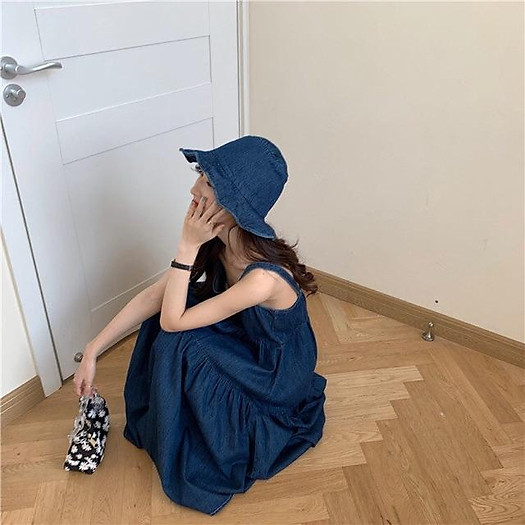 Váy (đầm) denim retro dài 2 dây- hàng nhập-kèm nón