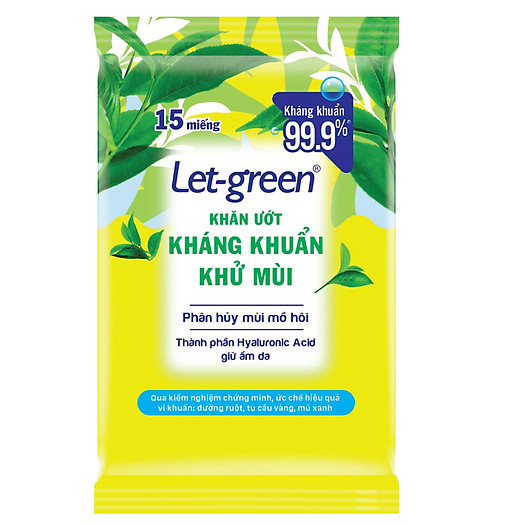 COMBO 10 GÓI KHĂN ƯỚT KHÁNG KHUẨN-KHỬ MÙI LET-GREEN 15 MIẾNG/GÓI