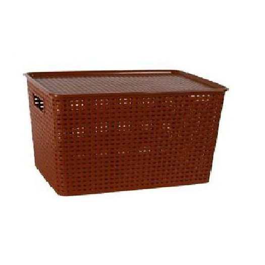 Thùng đựng đồ bằng nhựa giả mây có nắp đậy.