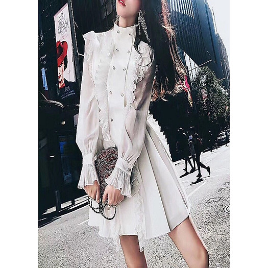 đầm tiểu thư trắng tay dài phối nút kèm belt cao cấp