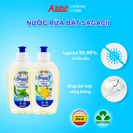 Nước rửa bát đậm đặc Sagacii, không chất tạo màu, không Paraben, không Phốt pho, an toàn khi sử dụng và thân thiện với môi trường