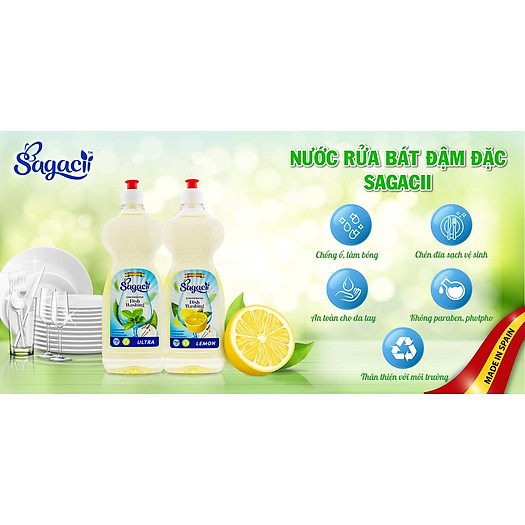 Nước rửa bát đậm đặc Sagacii, không chất tạo màu, không Paraben, không Phốt pho, an toàn khi sử dụng và thân thiện với môi trường