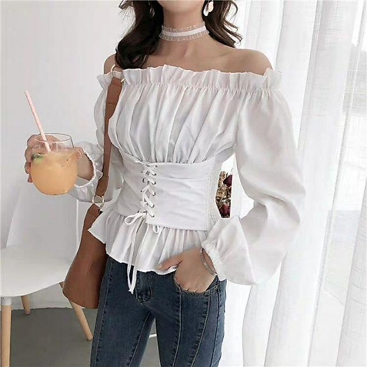 Áo trễ vai đan dây buộc dây eo dài tay