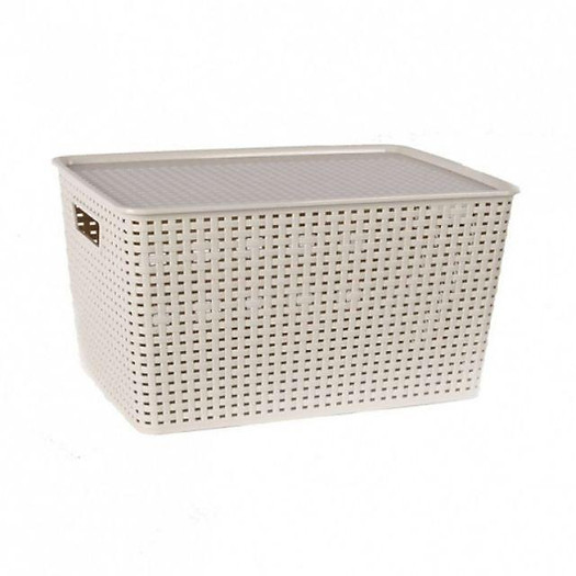 Thùng đựng đồ bằng nhựa giả mây có nắp đậy.