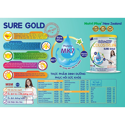 Sữa bột dinh dưỡng NUTRI PLUS Colos Mk7 SURE GOLD cho người cao tuổi, người bệnh, người ăn uống kém,phục hồi sức khỏe- 900G