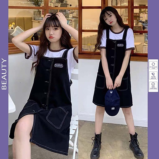 Rẻ] Yếm váy phối túi đẹp - váy yếm kaki kem - đen và xanh jean size S-M-L  từ Panda Store | Shopee Việt Nam