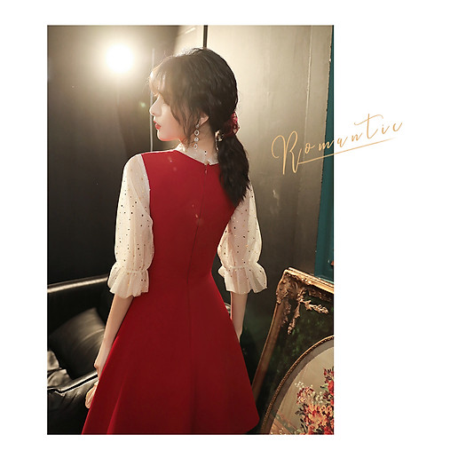 ĐẦM XÒE DỰ TIỆC MÀU ĐỎ TAY PHỐI LƯỚI ĐÍNH SAO MAY MẮN