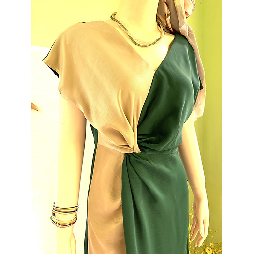 Đầm dự tiệc xoắn eo cổ V phối màu chất lụa xinh xắn