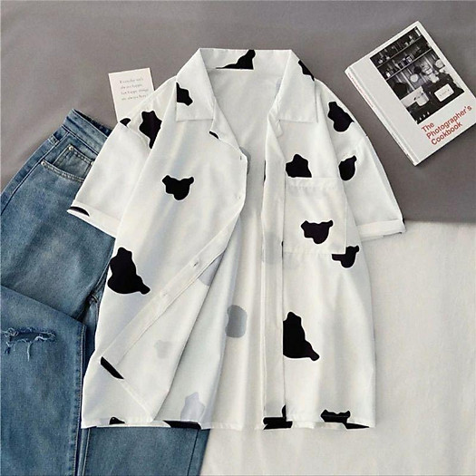 Áo Sơ Mi Bò Sữa Unisex, Sơ mi Cổ Vest Họa Tiết Bò Sữa