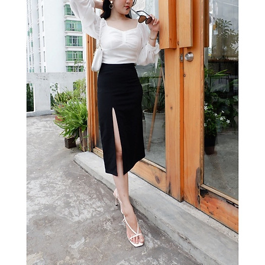 Chân váy xẻ đùi dài qua gối sexy