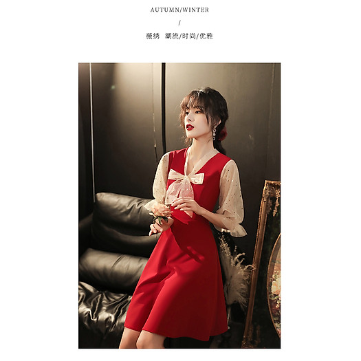 ĐẦM XÒE DỰ TIỆC MÀU ĐỎ TAY PHỐI LƯỚI ĐÍNH SAO MAY MẮN