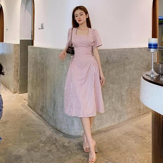 X2 Đầm váy caro xanh cổ vuông đan dây eo (kèm hình thật) tasa