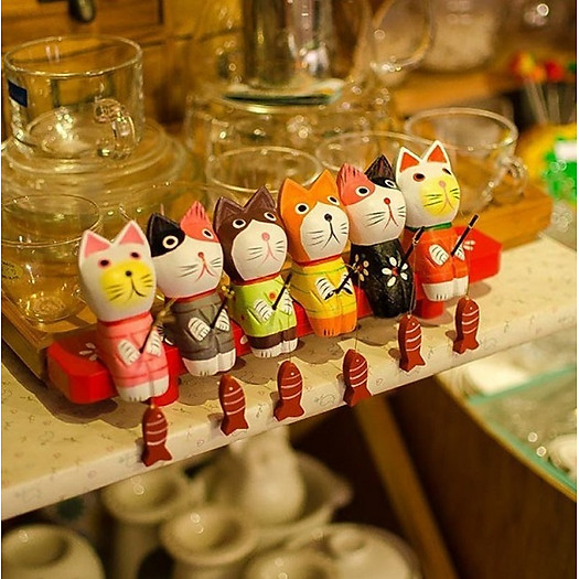 Bộ 6 mèo gỗ ngồi câu cá - Mô hình trang trí  BachHoaZ.com