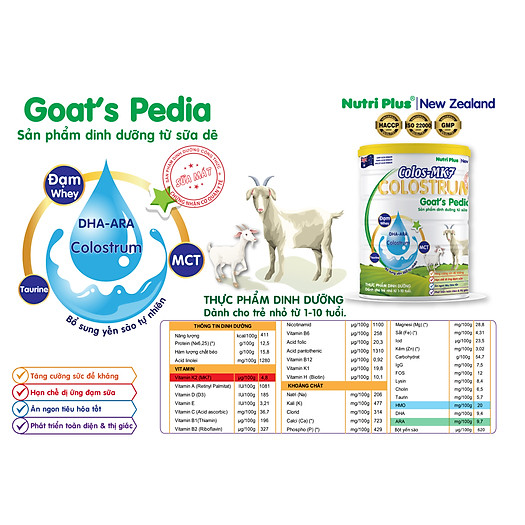 Sữa bột dinh dưỡng Colos Mk7 GOAT'S PEDIA sữa dê giúp bé phát triển toàn diện trí não và thị giác từ 1-10 tuổi NUTRI PLUS-900G
