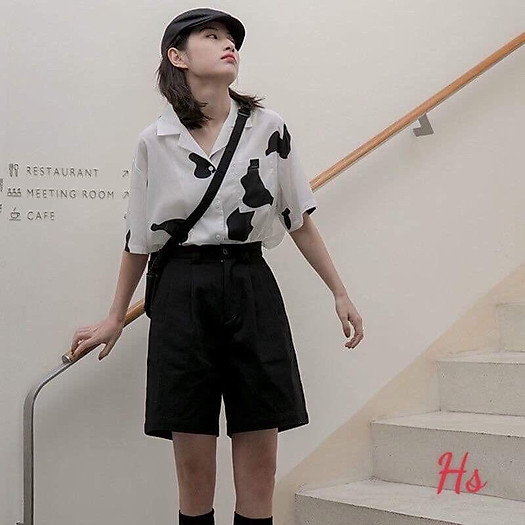 Áo Sơ Mi Bò Sữa Unisex, Sơ mi Cổ Vest Họa Tiết Bò Sữa