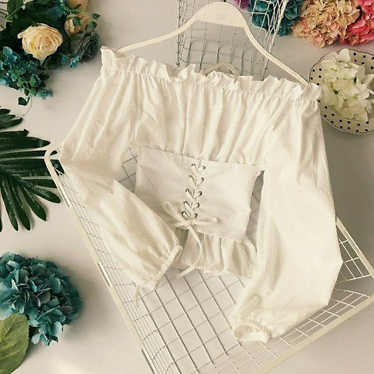 Áo trễ vai đan dây buộc dây eo dài tay