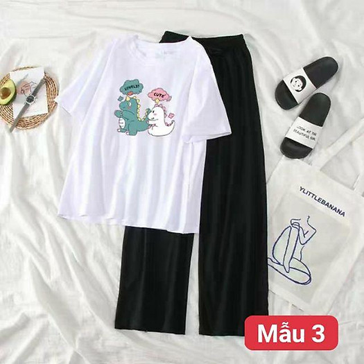 Bộ áo phông các hình mix quần ống rộng dài