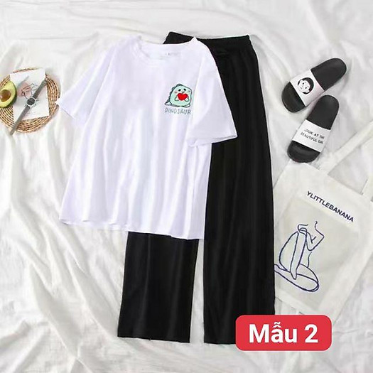 Bộ áo phông các hình mix quần ống rộng dài