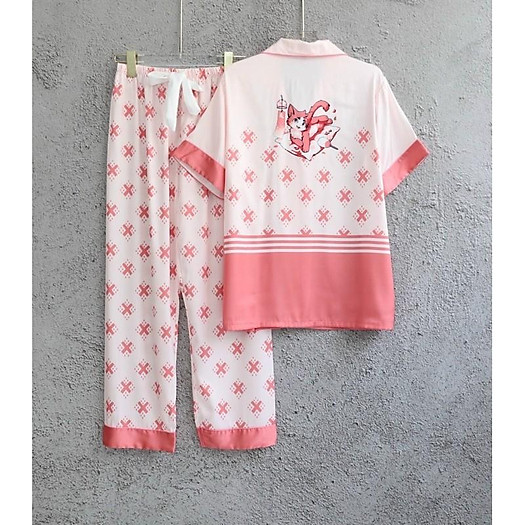 BỘ PIJAMA SATIN LỤA CAO CẤP TAY NGẮN HỒNG L.V