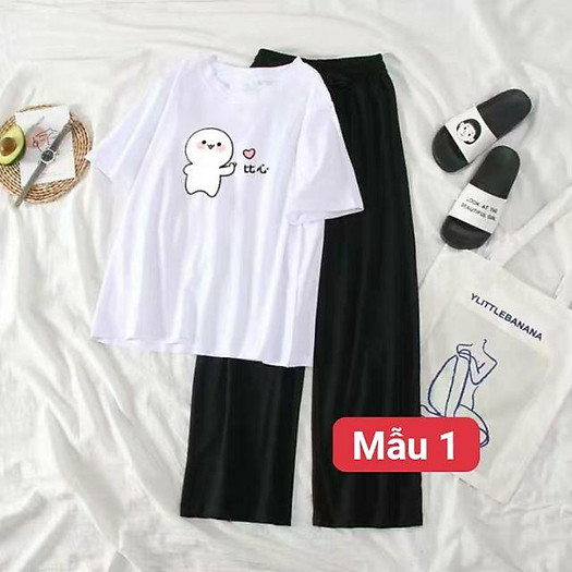 Bộ áo phông các hình mix quần ống rộng dài