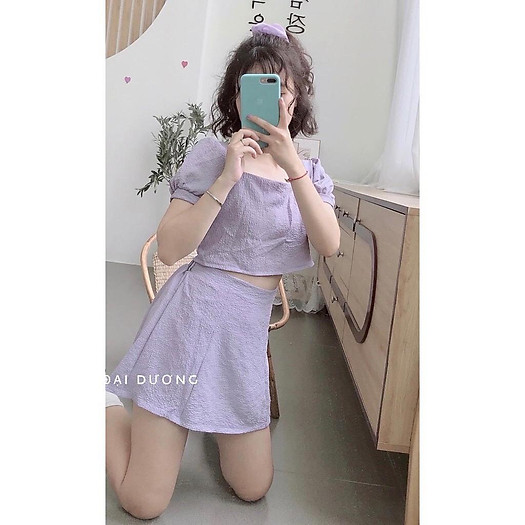 Set áo quần croptop 2 màu️ tím và rêu siêu hot️