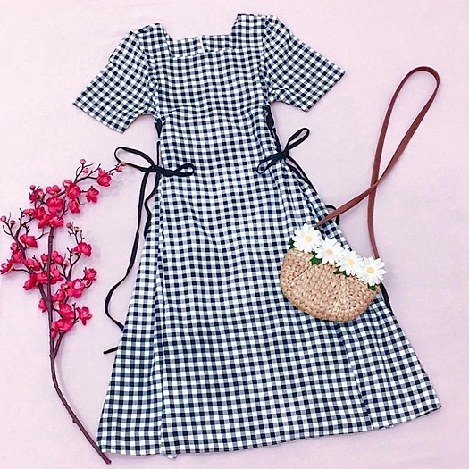 X2 Đầm váy caro xanh cổ vuông đan dây eo (kèm hình thật) tasa