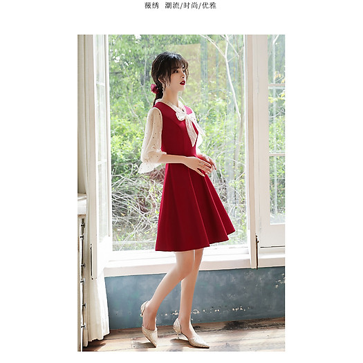 ĐẦM XÒE DỰ TIỆC MÀU ĐỎ TAY PHỐI LƯỚI ĐÍNH SAO MAY MẮN