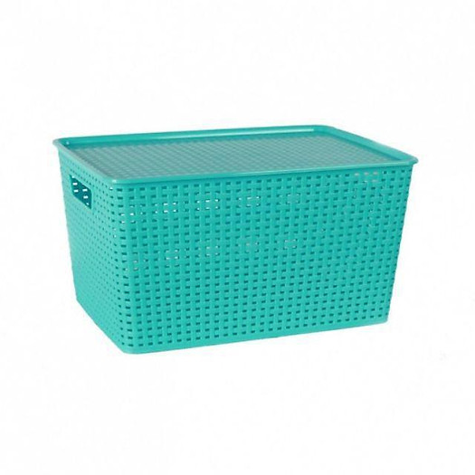 Thùng đựng đồ bằng nhựa giả mây có nắp đậy.