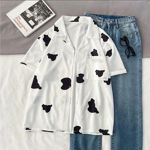 Áo Sơ Mi Bò Sữa Unisex, Sơ mi Cổ Vest Họa Tiết Bò Sữa