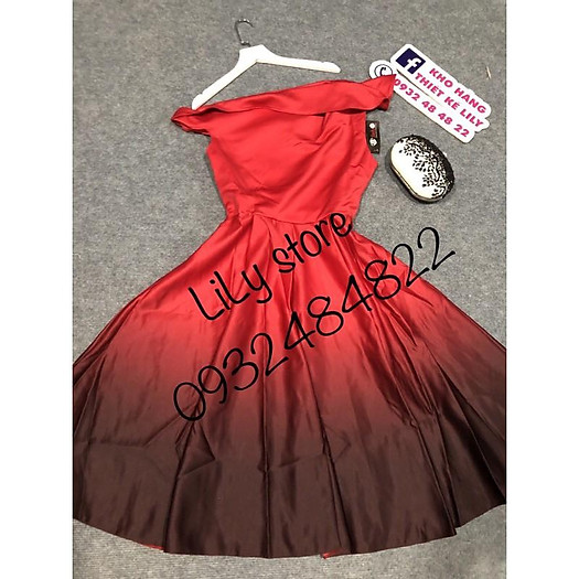 Đầm xoè lệch vai phối màu ombre