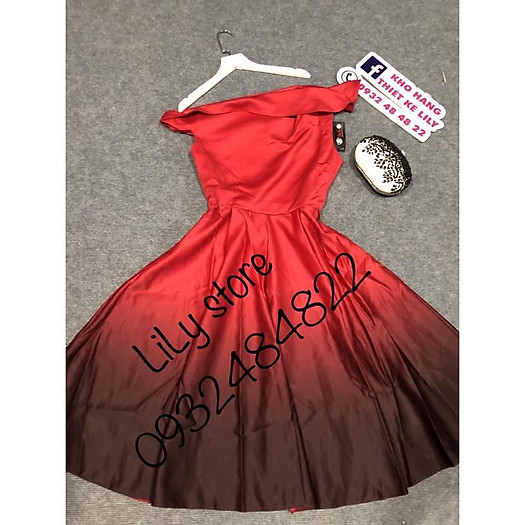 Đầm xoè lệch vai phối màu ombre