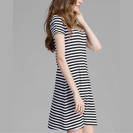 D005 - Đầm thun cotton dễ thương sọc đen trắng có thể mặc đi chơi dạo phố, làm đầm mặc nhà, đầm đi ngủ. Macmot