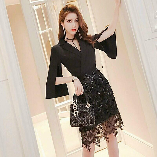 Đầm dự tiệc cổ vét phôi kim sa BY4475