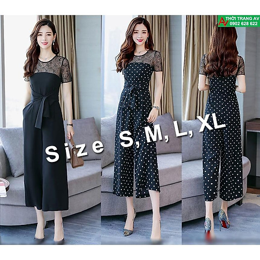 Jumpsuit - Đồ bay lửng ống rộng phối ren thắt nơ eo - AV5947