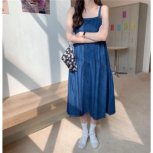 Váy (đầm) denim retro dài 2 dây- hàng nhập-kèm nón